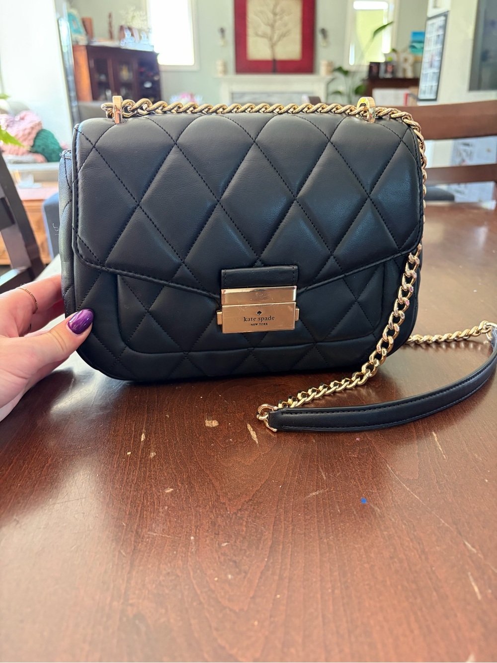 kate spade Black Quilted Leather Chain Crossbody Bag with Gold Hardware